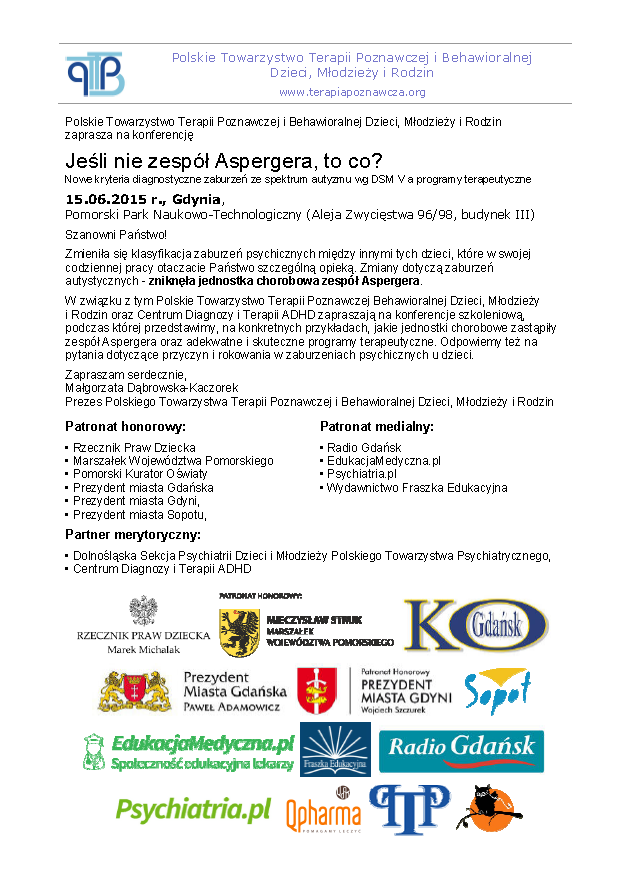 Konferencja Polskiego Towarzystwa Terapii Poznawczej i Behawioralnej Dzieci, Młodzieży i Rodzin „Jeśli nie zespół Aspergera, to co?”