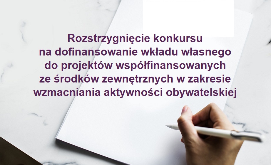 Rozstrzygnięcie konkursu na dofinansowanie wkładu własnego do projektów współfinansowanych ze środków zewnętrznych w zakresie wzmacniania aktywności obywatelskiej