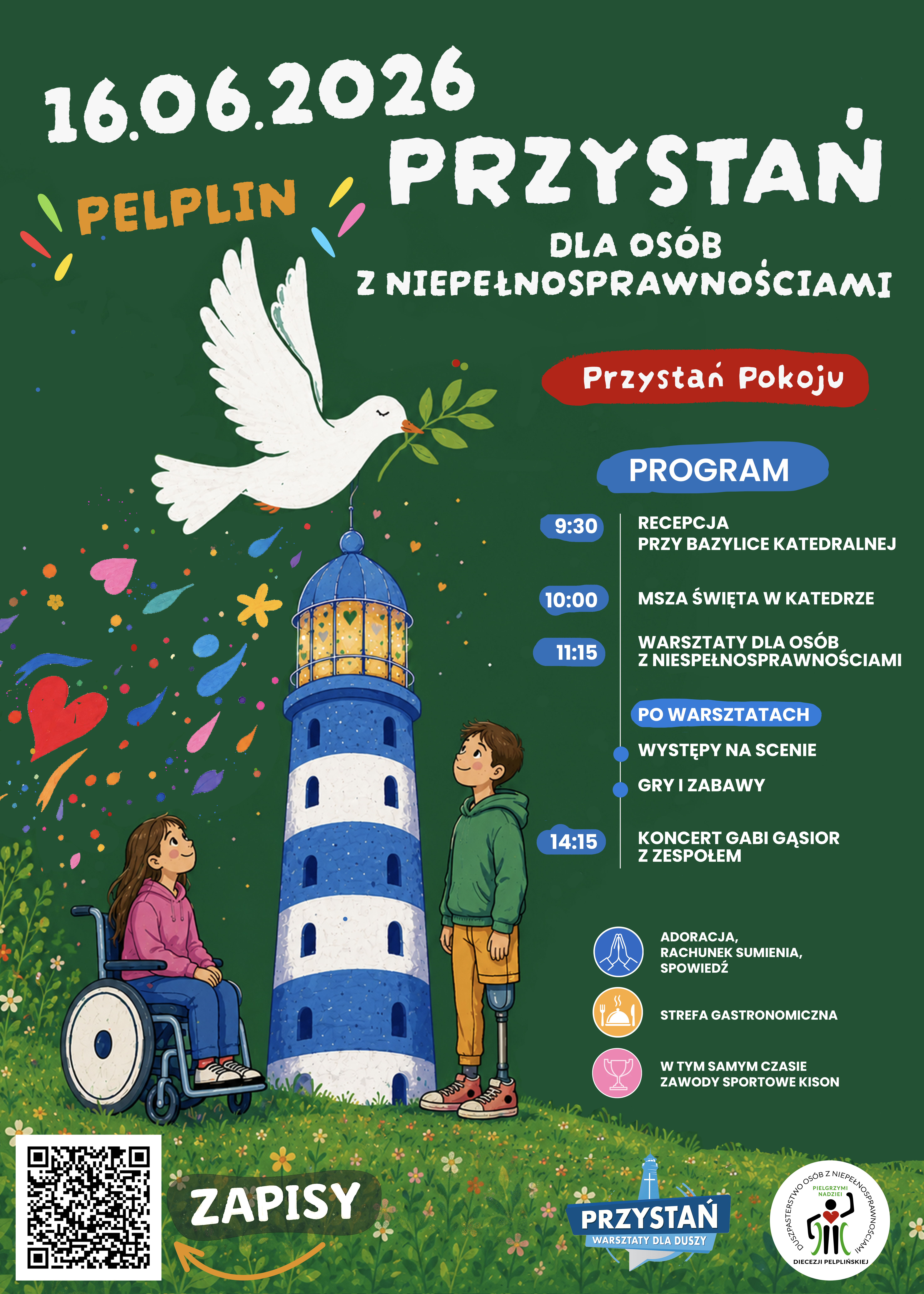 Na zdjęciu znajduje sie plakat wydarzenia plakat wydarzenia „Przystań dla osób z niepełnosprawnościami” w Pelplinie, 16.06.2026. Na ilustracji latarnia morska, biały gołąb z gałązką oliwną oraz dziewczynka na wózku i chłopak z protezą nogi. Hasło wydarzenia: „Przystań Pokoju”. Obok program spotkania, warsztatów i koncertu.